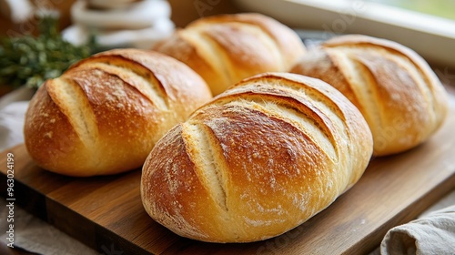 Freshly Baked Bread Loaves Close-up on Wooden Board, Warm and Delicious Bakery Goods, Rustic and Appetizing Bread Display photo