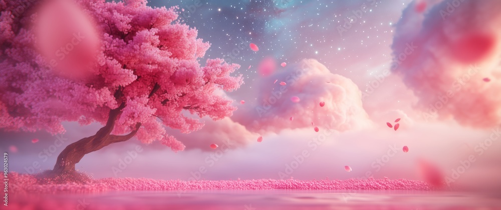 Fototapeta premium Surreal nature scene featuring pink tree dreamlike art in fantasy epic sea nebulae magical scenery ethereal dreamscape cherry blossoms starry sky