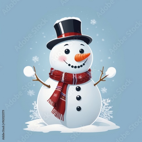 sticker of snowman with scarf and black hat