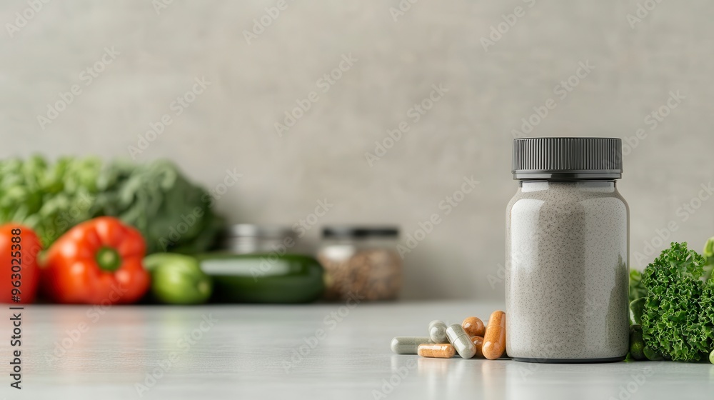 A nutritional supplement bottle surrounded by fresh vegetables, promoting health and wellness in a modern kitchen setting. A nutritional supplement bottle surrounded by fresh vegetables, promoting health and wellness in a modern kitchen setting.