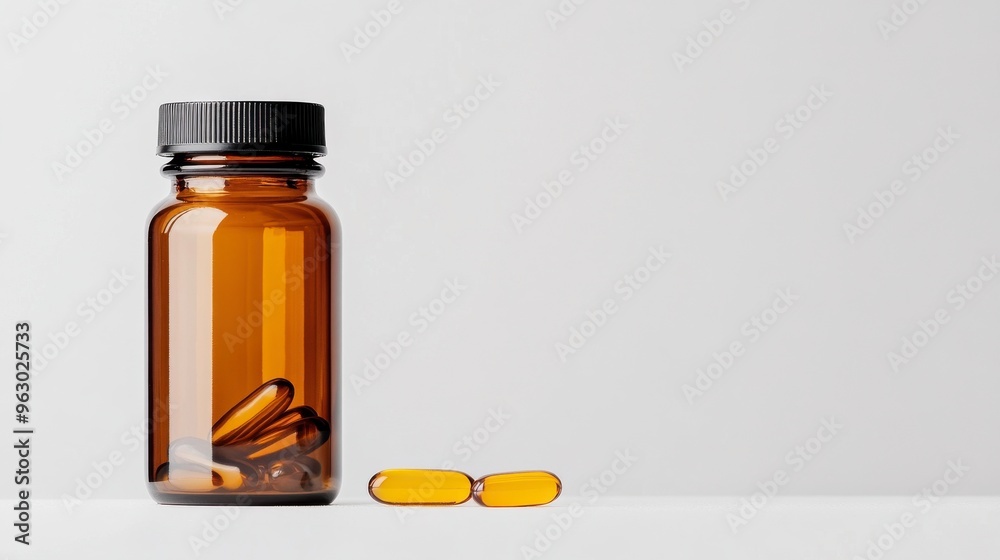 An amber glass bottle with dietary supplements and two capsules on a clean surface, ideal for health-related imagery. An amber glass bottle with dietary supplements and two capsules on a clean surface, ideal for health-related imagery.