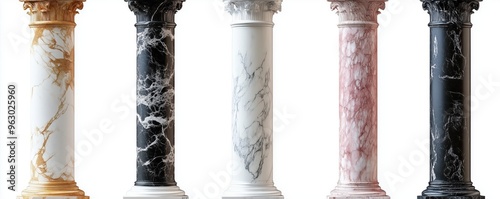 5 different marble columns, white background, front view