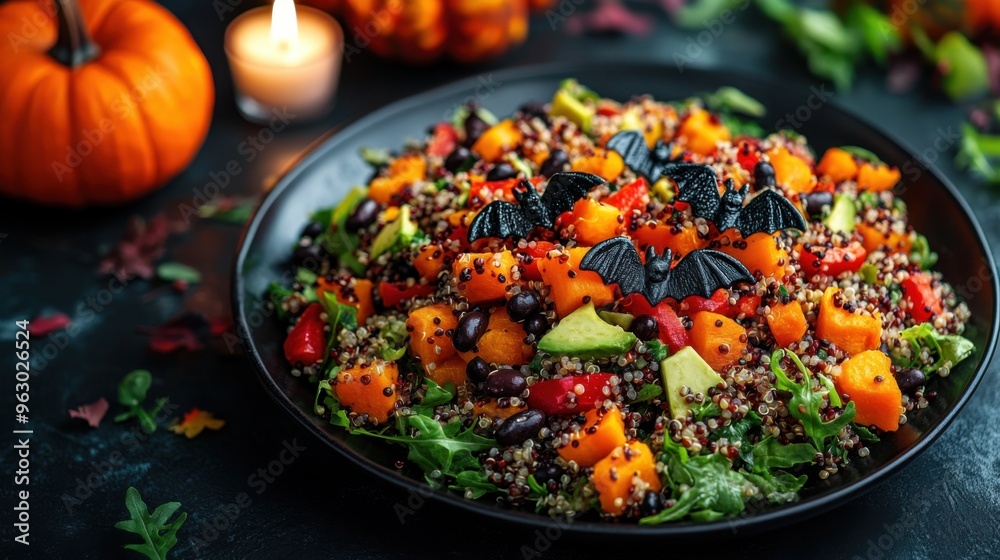 A spooky yet elegant quinoa salad for Halloween, featuring roasted pumpkin, black beans, orange peppers, and avocado swirls A spooky yet elegant quinoa salad for Halloween, featuring roasted pumpkin, black beans, orange peppers, and avocado swirls