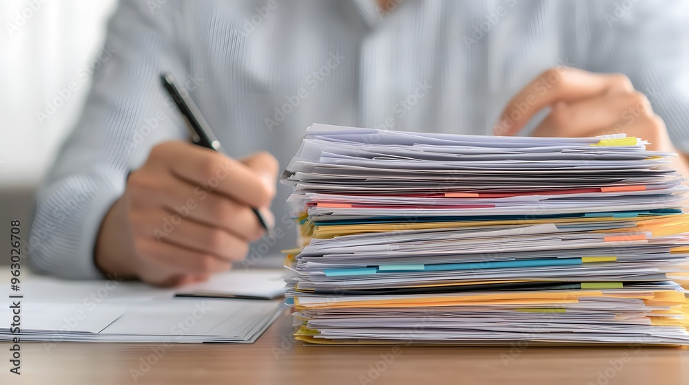 Busy Business Hands Organizing Documents on Desk with Copy Space in Washed Photography Style