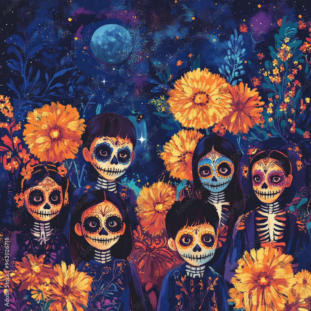 Group of Children in Day of the Dead Costumes with Marigolds - Floral Shadows Days Of The Dead - Vibrant and Symbolic Illustrations
Group of Children in Day of the Dead Costumes with Marigolds - Floral Shadows Days Of The Dead - Vibrant and Symbolic Illustrations