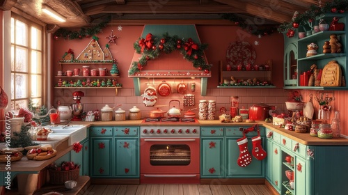 A festive kitchen scene with a holiday-themed baking setup, featuring freshly baked cookies, gingerbread houses photo