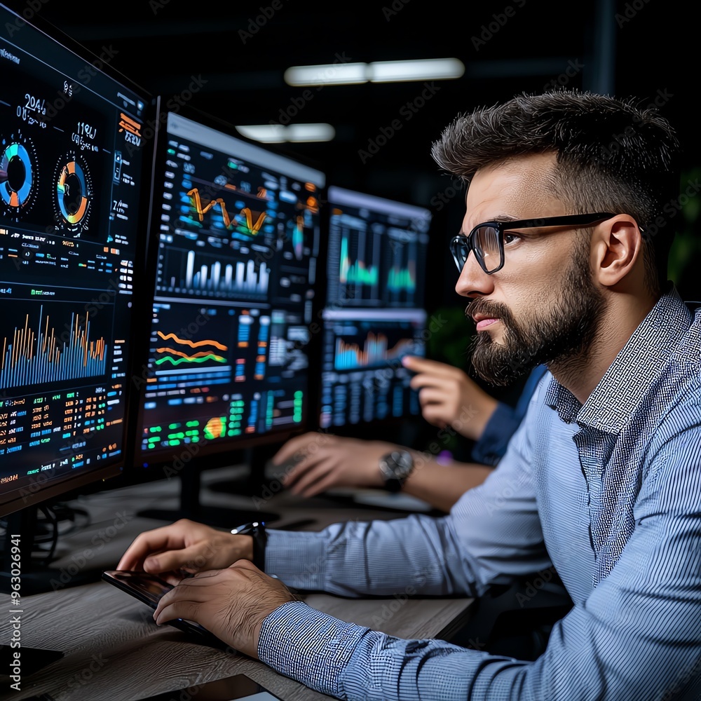 A professional man analyzes data on multiple screens in a modern office environment, showcasing focus and expertise in technology. A professional man analyzes data on multiple screens in a modern office environment, showcasing focus and expertise in technology.