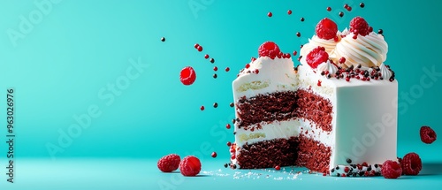 Delicious red velvet cake topped with fresh raspberries and whipped cream, perfect for any celebration or dessert table. photo