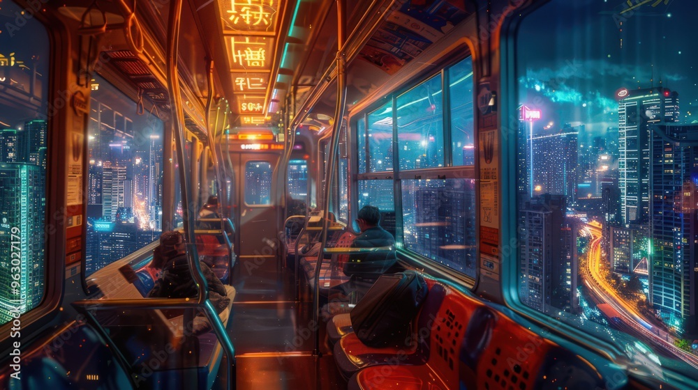 Visualize a night-time passenger train journey with the city lights twinkling outside and the interior softly lit Visualize a night-time passenger train journey with the city lights twinkling outside and the interior softly lit