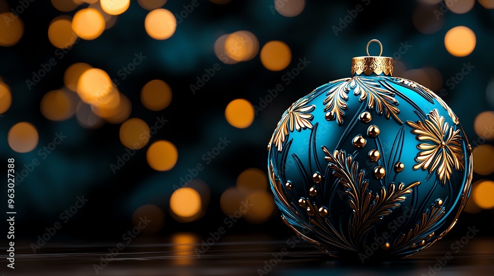 A beautiful blue Christmas ornament with intricate gold designs against a blurred festive background of glowing lights. A beautiful blue Christmas ornament with intricate gold designs against a blurred festive background of glowing lights.
