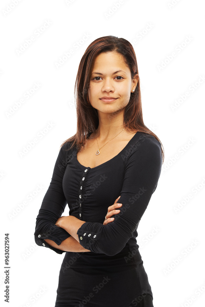 Portrait, arms crossed and business woman in studio isolated on white background. Face, creative and confident entrepreneur, professional or ghostwriter with career pride or opportunity in Argentina Portrait, arms crossed and business woman in studio isolated on white background. Face, creative and confident entrepreneur, professional or ghostwriter with career pride or opportunity in Argentina