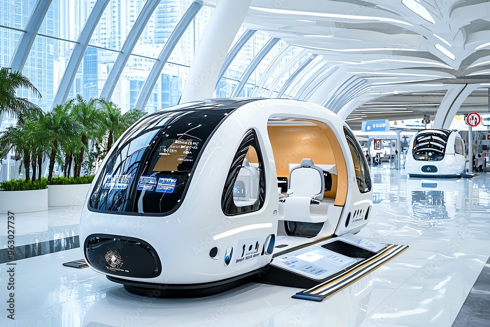 Obraz premium Futuristic transport pod in a modern urban environment, showcasing innovation and design in mobility solutions.