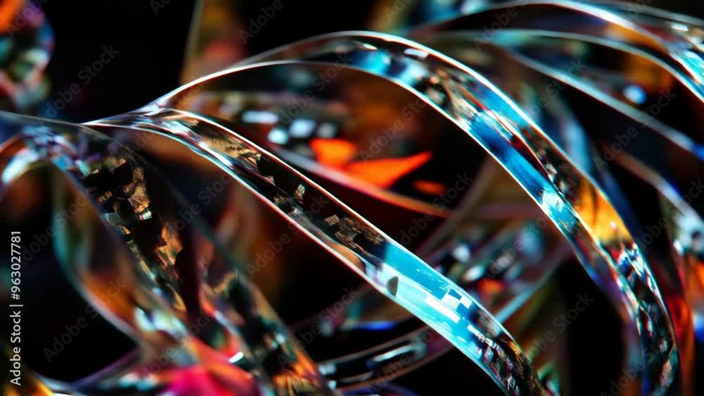 Abstract close-up of tangled film strips with colorful reflections and a cinematic feel Abstract close-up of tangled film strips with colorful reflections and a cinematic feel