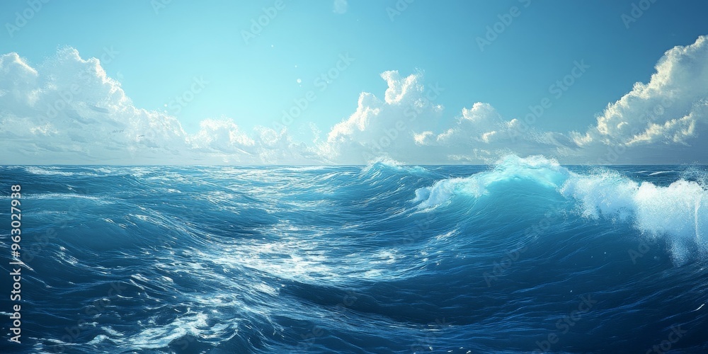 Fototapeta premium Ocean waves crashing under a blue sky.