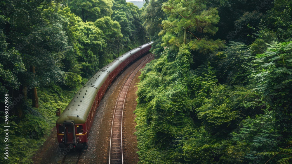 Fototapeta premium Visualize a passenger train moving through a dense forest, with tall trees and a narrow track winding through the greenery