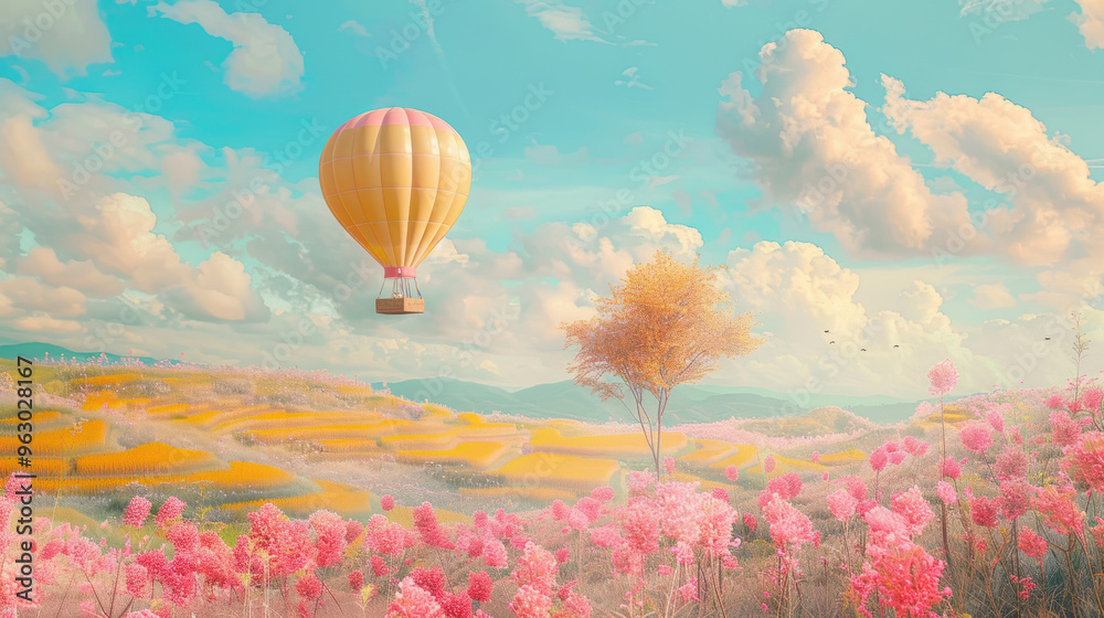 Fototapeta premium Hot air balloon soaring above a picturesque meadow with pink flowers and a bright blue sky filled with clouds.