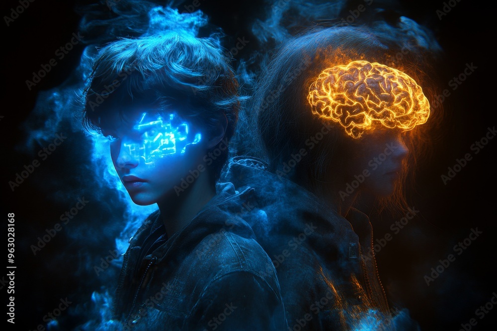 Fasciculus retroflexus Cognitive alignment Two profiles facing each other with glowing brains symbolizing creative thought connection and cognitive contrast in a conceptual futuristic style Fasciculus retroflexus Cognitive alignment Two profiles facing each other with glowing brains symbolizing creative thought connection and cognitive contrast in a conceptual futuristic style