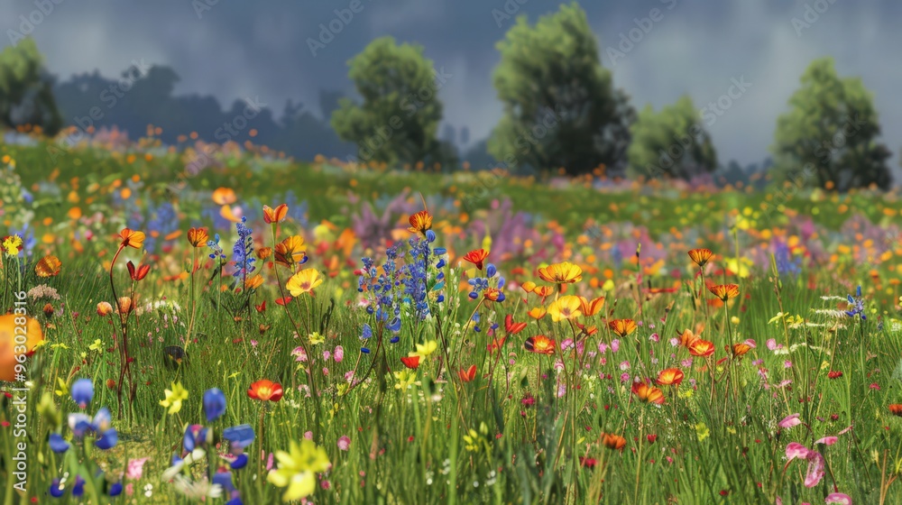 Wildflowers of different hues create a vibrant, colorful pattern across the field