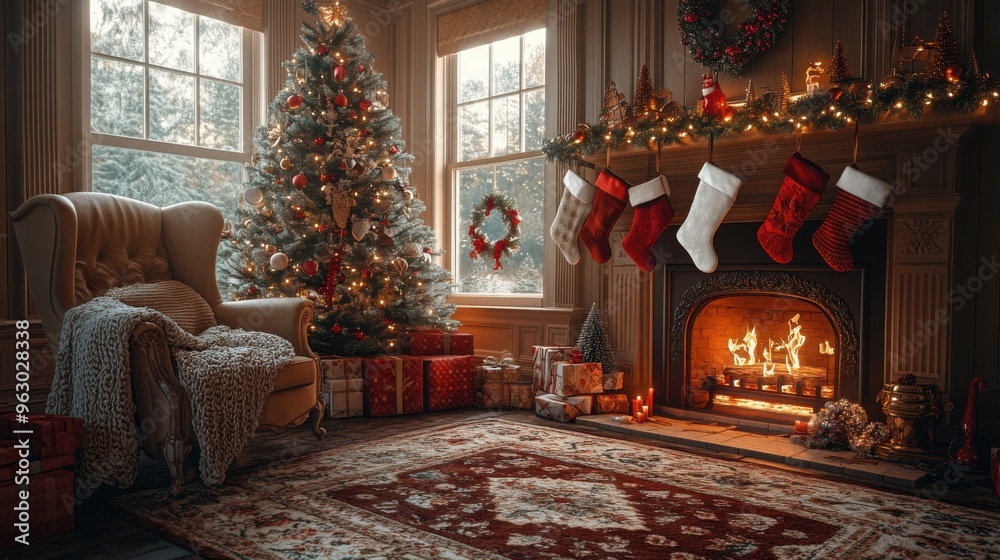 Fototapeta premium A warm and inviting Christmas living room with a decorated tree, stockings hung by the fireplace, and a cozy armchair with a knitted blanket