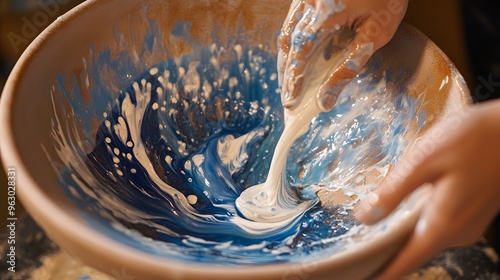 Hand Mixing Blue and White Paint in a Bowl photo