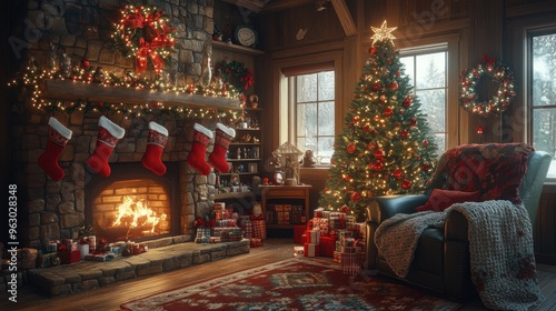 A warm and inviting Christmas living room with a decorated tree, stockings hung by the fireplace, and a cozy armchair with a knitted blanket