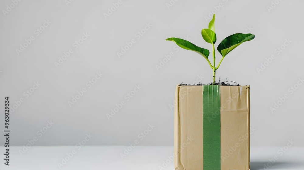 Eco Friendly Parcel Box with Sprouting Plant on White Background Eco Friendly Parcel Box with Sprouting Plant on White Background