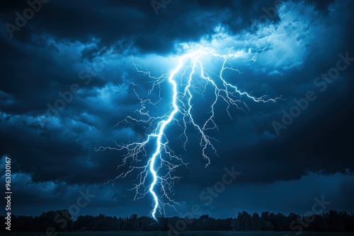 Dramatic lightning bolt striking in stormy night sky