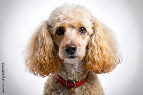 An image of a stuffed dog with a white background and a first-person perspective. The dog should have fluffy fur and upright ears, with a brightly colored collar.