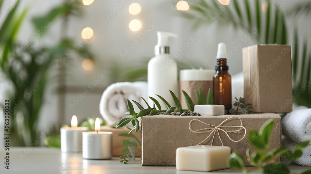 Wellness Gift Parcel with Natural Herbs and Essential Oils on Spa Table with Candles
