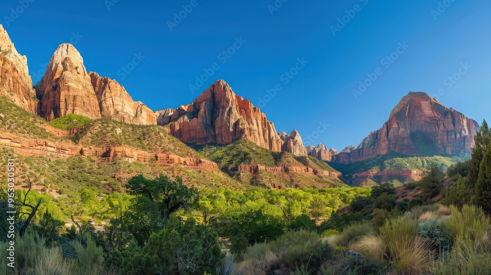 Zion National Park's dramatic red rock formations rise majestically against a clear blue sky, Zion National Park's dramatic red rock formations rise majestically against a clear blue sky,