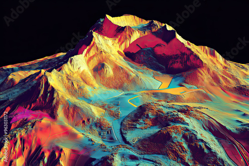 Technical aerial visual, 3D LiDAR GIS aerial map satellite scan model isolated, showing Gabala, Azerbaijan . Elevation, topography, render