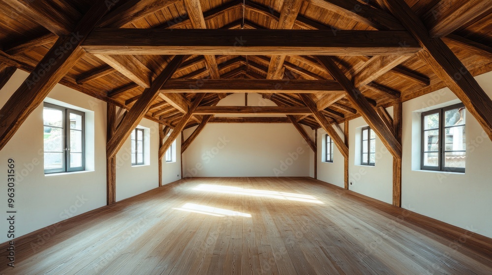 Empty Room with Exposed Wooden Beams and Hardwood Floors Empty Room with Exposed Wooden Beams and Hardwood Floors