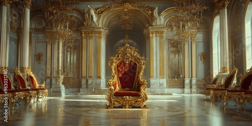 Ornate throne room with gold and red chairs. photo