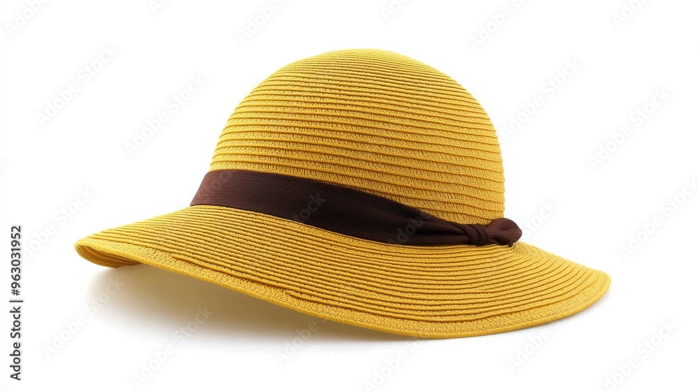 Yellow wide-brimmed hat with brown ribbon Yellow wide-brimmed hat with brown ribbon
