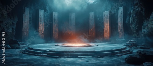 3D rendering of an empty medieval arena with a circular stage in the center.