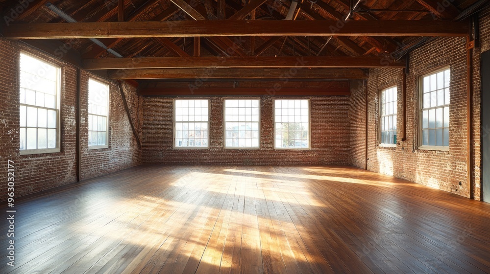 Empty Room with Exposed Brick Walls, Wooden Beams, and Sunlight Streaming Through Windows Empty Room with Exposed Brick Walls, Wooden Beams, and Sunlight Streaming Through Windows