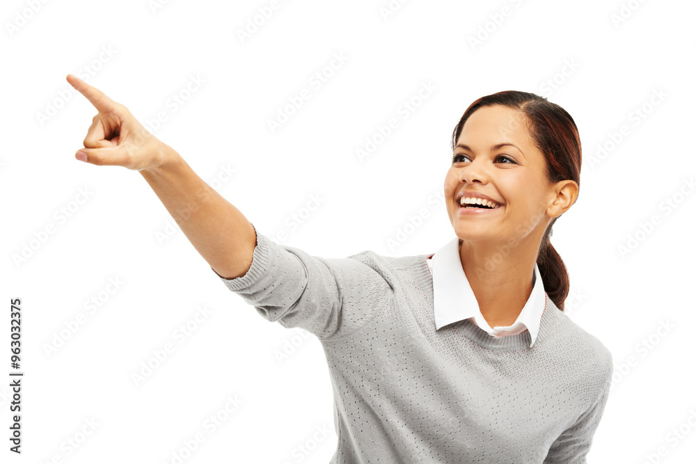 Pointing, woman and smile for direction in studio with promotion offer, opportunity news and giveaway. Happy, female person or hand gesture for presentation, sign up and show deal on white background Pointing, woman and smile for direction in studio with promotion offer, opportunity news and giveaway. Happy, female person or hand gesture for presentation, sign up and show deal on white background