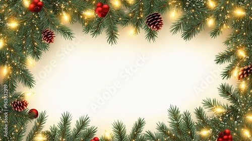 Seamless Decorative Christmas Border with Evergreen Branches and Christmas Light Garlands