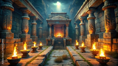 mysterious ancient temple with stone sarcophagi and flickering torches