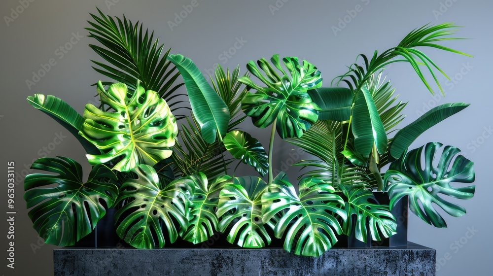 Tropical Beach Display with Rectangle Pedestal and Monstera Leaves Tropical Beach Display with Rectangle Pedestal and Monstera Leaves