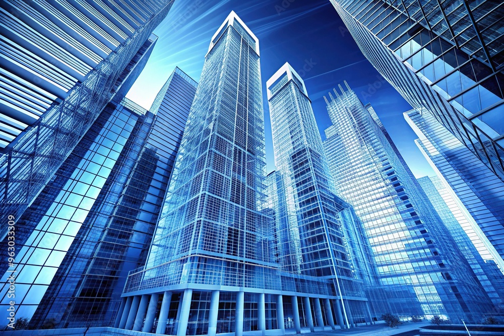 Fototapeta premium Cerulean Construction Plans: Architectural blueprints showcasing towering blue structures, capturing the essence of modern urban landscapes.