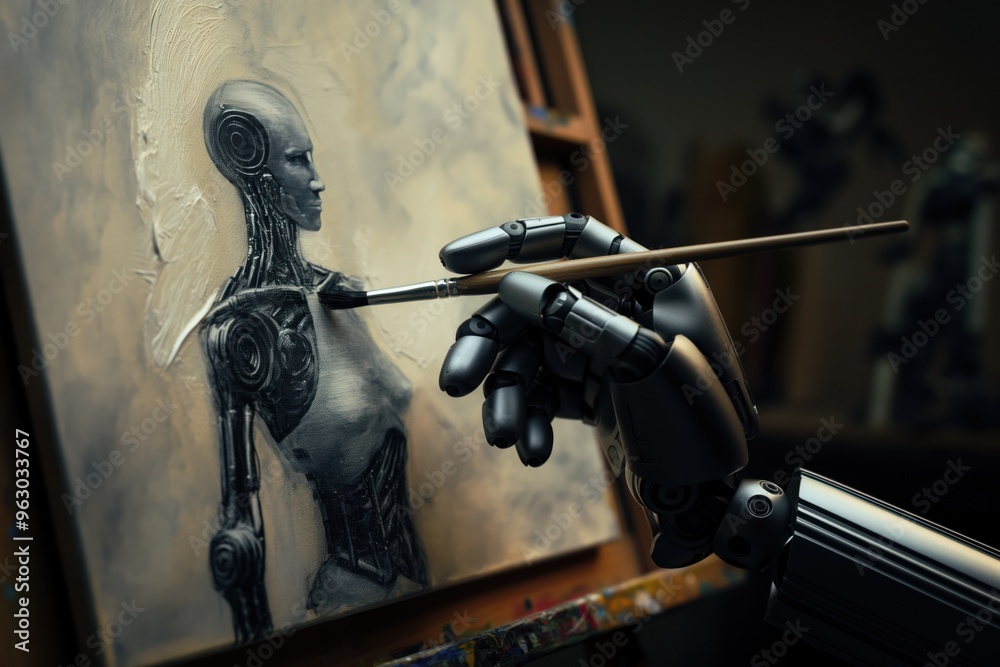 Obraz premium Robot hand holds paintbrush poised to create digital art on canvas. Dark brown background features black and white robot face in dynamic pose. Studio setting with blurred background.
