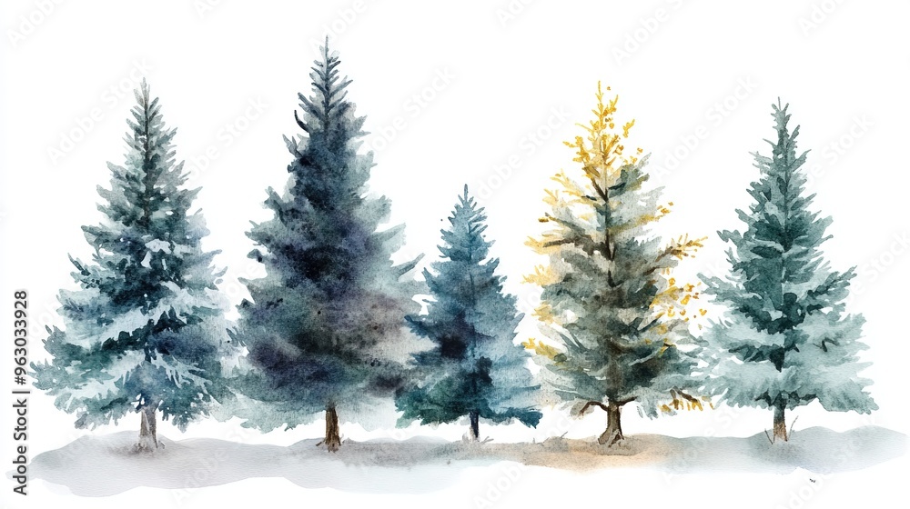 Fototapeta premium Watercolor Christmas Trees in Trendy Farmhouse Style for Holiday Decor