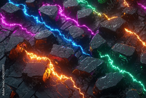 Dramatic lightning storm with vibrant multicolored bolts of electricity