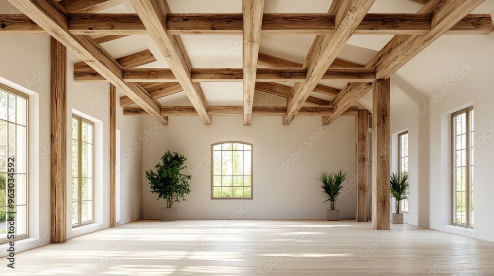 Modern Room with Exposed Wooden Beams and Large Windows Modern Room with Exposed Wooden Beams and Large Windows