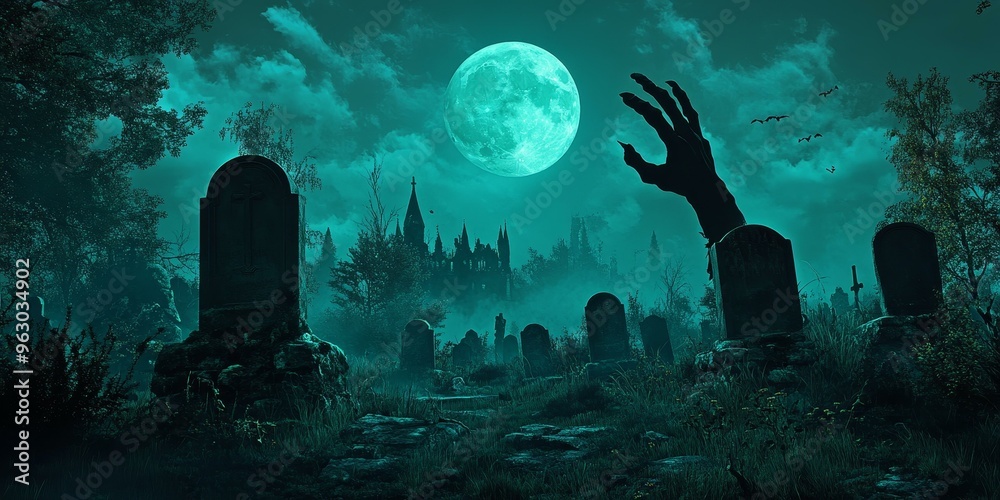 Graveyard at night with a reaching hand. Graveyard at night with a reaching hand.
