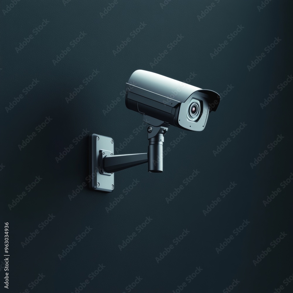 A 3D illustration of a modern surveillance camera mounted on a wall, with a sleek design and advanced technology, emitting infrared signals in a dark environment A 3D illustration of a modern surveillance camera mounted on a wall, with a sleek design and advanced technology, emitting infrared signals in a dark environment