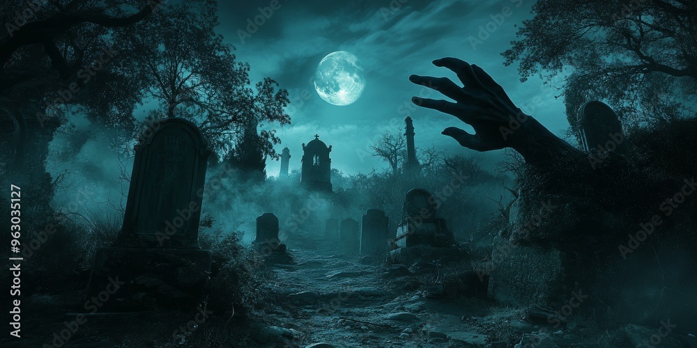 A ghostly hand reaches from the fog in a graveyard. A ghostly hand reaches from the fog in a graveyard.