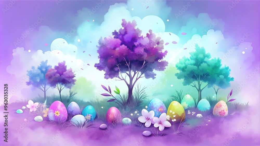 Fototapeta premium Fantasy Easter eggs surrounded by whimsical trees and flowers in a dreamy watercolor landscape 
