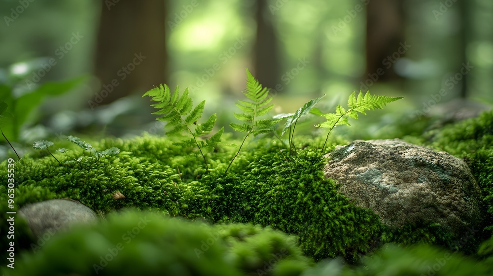Close-up of a forest ecosystem with a focus on moss-covered rocks and small ferns, gentle, diffused light illuminating the textures, vibrant green hues and serene, natural beauty Close-up of a forest ecosystem with a focus on moss-covered rocks and small ferns, gentle, diffused light illuminating the textures, vibrant green hues and serene, natural beauty